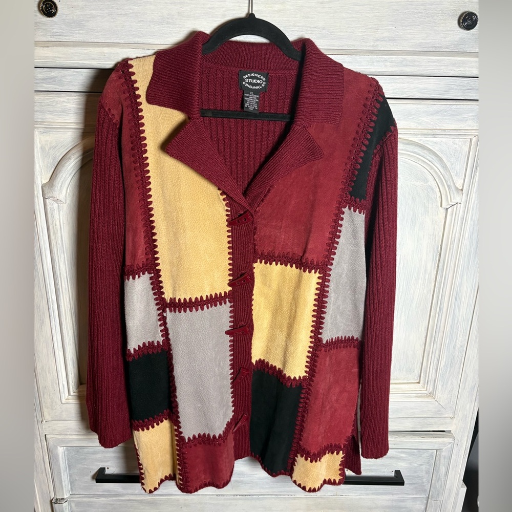Vintage Leather Patchwork Burgundy‎ Toggle Artsy Western Cardigan Sweater